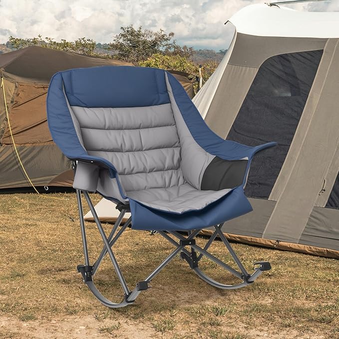 Oversized Rocking Camping Chair for Adults 400LBS Capacity Foldable Outdoor Rocker with Padded Seat Cup Holder Portable Camp Chair for Camping Backyard Patio BeachNavy Blue 1 PCS