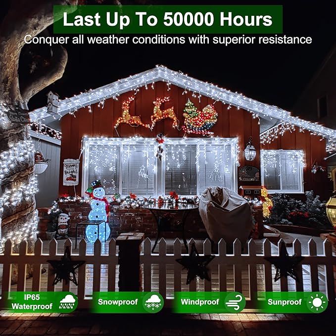1296 LED Outdoor Christmas Lights with 288 Drops 131FT ChristmasLights with 8 Modes Timer Christmas Twinkly Lights IP44 Waterproof for Eaves Yard Room Holiday Wedding Party Decor(Cool White)