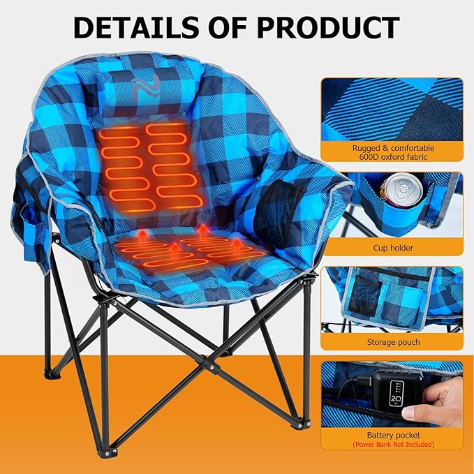 LILYPELLE Oversized Heated Camping Chair Patio Lounge Chairs with 3 Heat Levels Portable Folding Heated Chair Round Moon Saucer Folding Lawn Chair Outdoor Chair for Camping Lounge Patio