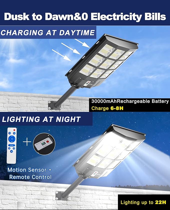 JAYNLT Y-3600W Solar Street Lights Outdoor360000LM 6500K Parking Lot Lights Commercial Waterproof Dusk to Dawn Solar Security Flood Lamps Motion Sensor for DrivewayBasketball Court