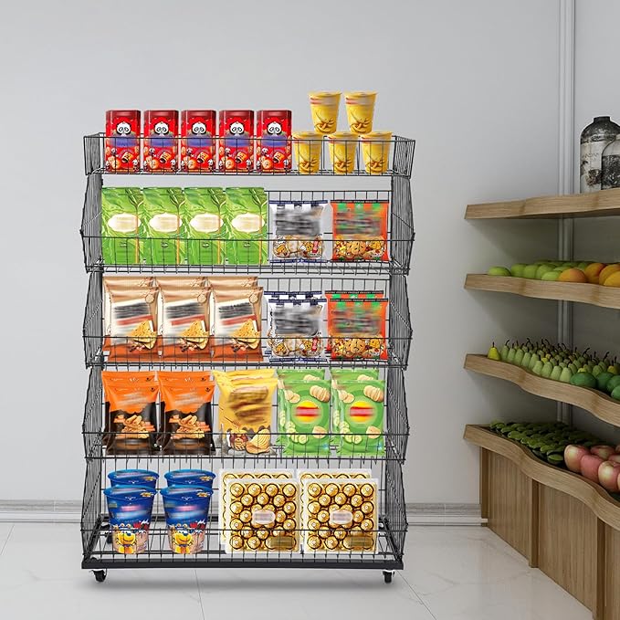 5-Shelf Retail Display Wire Shelving with Wheels and Hook Heavy-duty Metal Snack Display Organizer Retail Shelf for Supermarket Grocery Store Home Kitchen