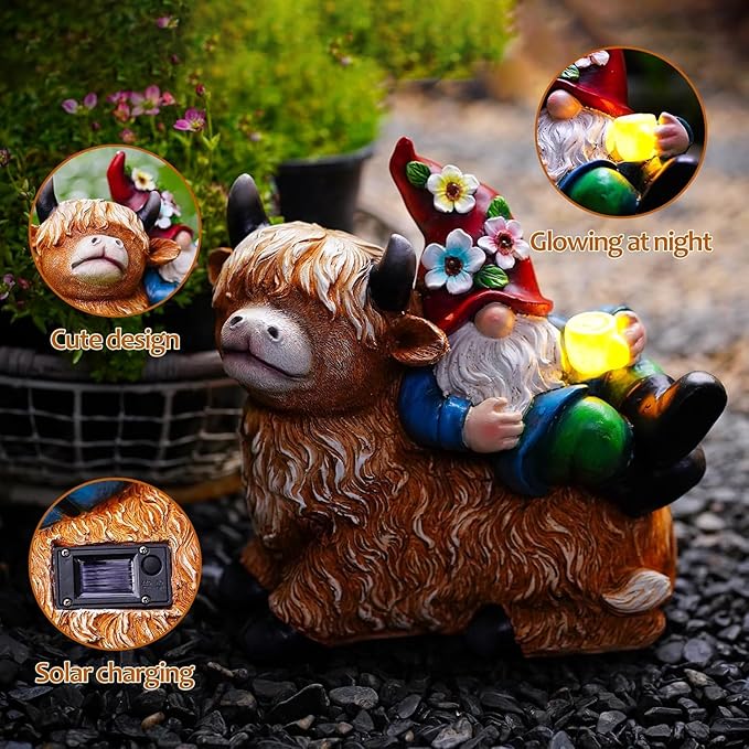 Garden Gnomes Decor Outdoor Statues Gnome on Highland Cow Hold Solar Cup Light Outdoor Decorations for PatioYard and Gift for Mom