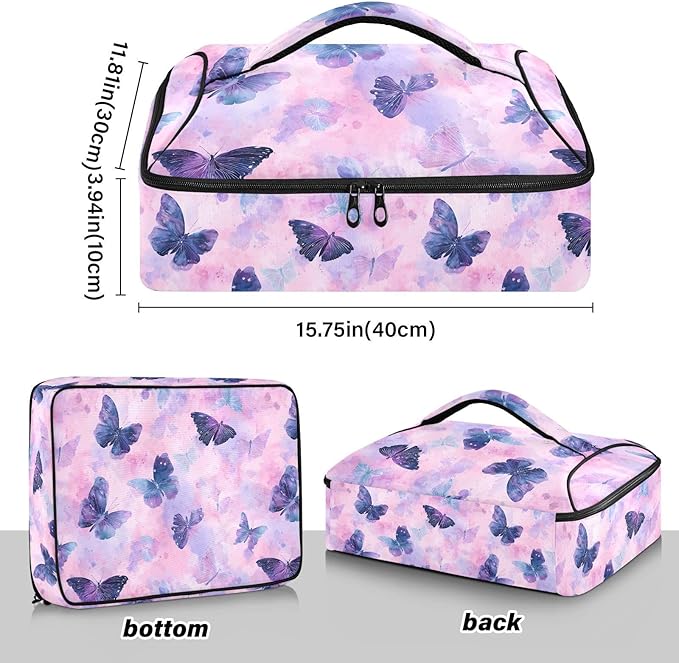 Casserole Carrier Blue and Purple ButterflyInsulated Casserole Carrier for Hot or Cold Food Thermal Lunch Tote for Potluck Parties Picnic Beach Fits 9 x 13 Inches Baking Dish