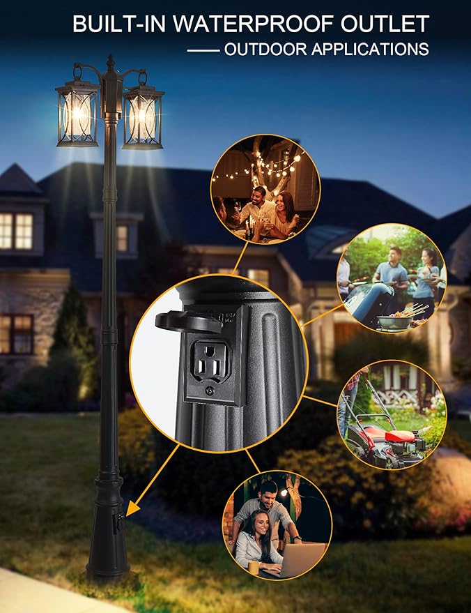 Dusk to Dawn Outdoor Lamp Post Light Modern 2-Head Street Pole Light Fixtures with Outlet Waterproof Black Outside Street Light Electric Lantern for Backyard Garden Patio Driveway