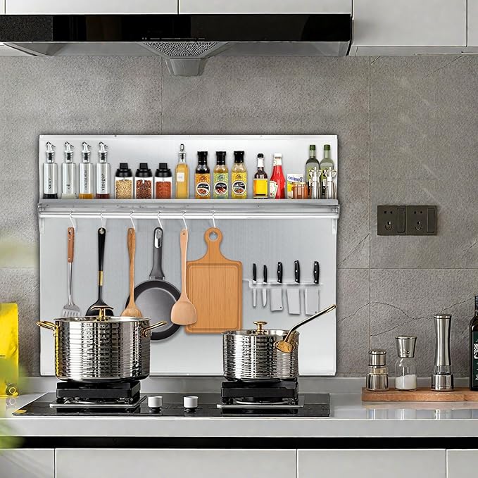 30x30 Stainless Steel Range Backsplash for Stove Hood Wall Mount Panel with Storage Shelf &amp Knife Rack Commercial Backsplash Shield Pre-Drilled Holes for Easy Installation