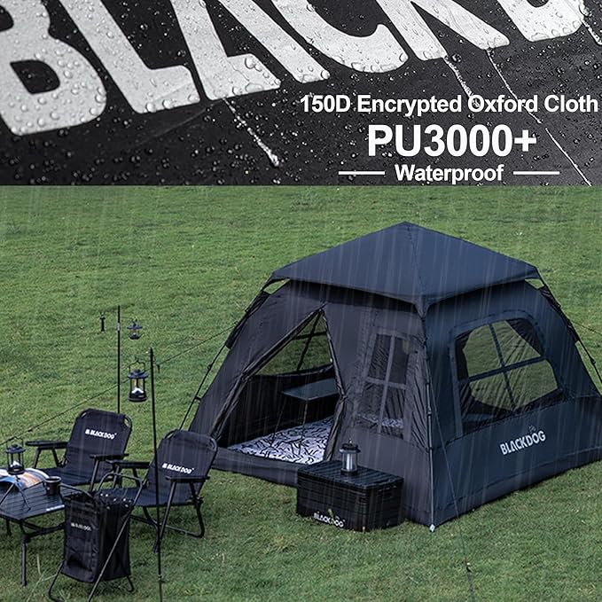 Blackdog Portable Camping Tent - 2-4 Person Waterproof Instant Pop Up Tent UPF50+ Sun Protection 5㎡ Large Space for Family Car Camping &amp Traveling Easy Setup (Black)