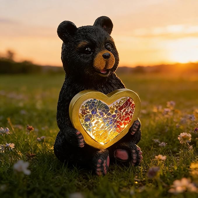 Solar Bear Garden Statues Decor for Outdoor Black Bear Figurine Lights for Lawn Patio Yard Decoration - Unique Christmas Housewarming Gift for Grandma Wowen Mom