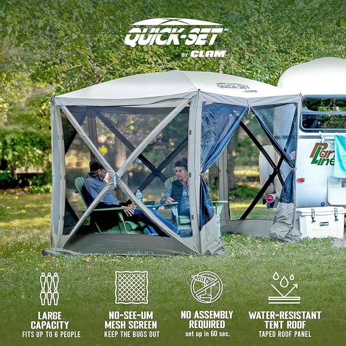 CLAM Pop Up Screen Tent Outdoor Camping Gazebo Canopy Adventure with Wind Panels 9' x 9' Gray
