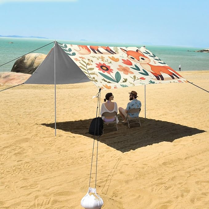 Cute Foxies and Floral Elements Camping Sun Shelter Beach Tent Portable Beach Sun Shade Outdoor Canopy for Camping Trips Fishing Picnic