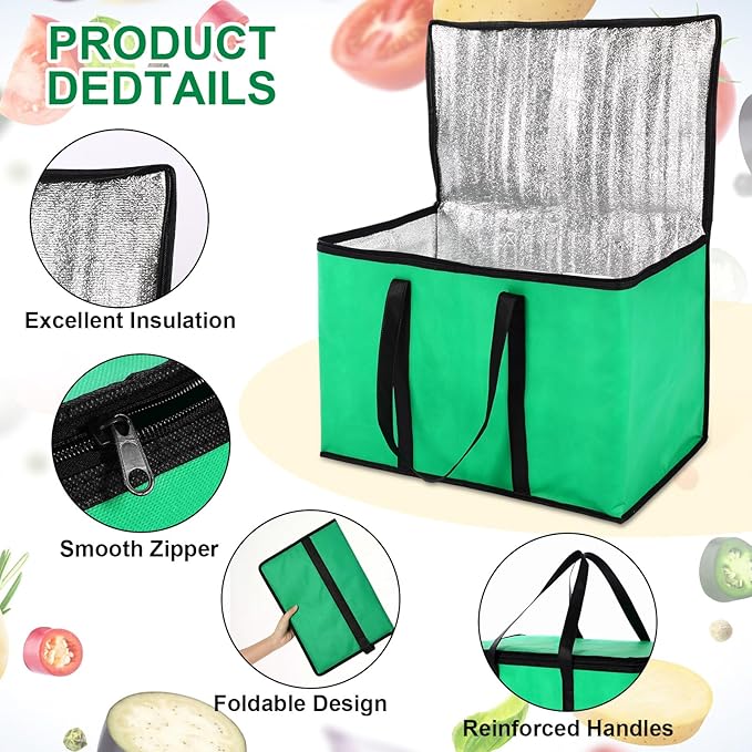 12 Pcs Large Insulated Food Delivery Bag Bulk XXXL Reusable Grocery Bags Foldable Catering Insulated Cooler Bag with Sturdy Handles for Takeout Shopping Camping Warmer/frozen(Green)