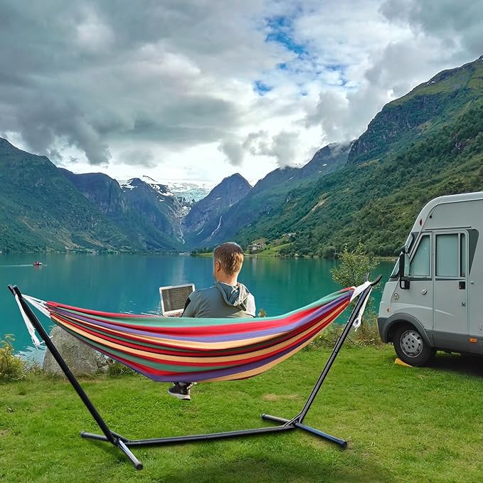 Double Hammock with StandBasics Double Hammock with Space Saving Metal Stand Indoor Hammock Stand with Carrying Bag Strong Load-BearingSuit for Outside Indoor Yard Camping Red