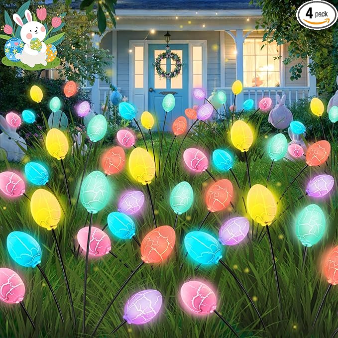 Upgraded 4 Pack Solar Easter Egg Lights Outdoor Colorful Swaying Firefly Lights with 2 Lighting Modes Waterproof Solar Pathway Lights for Spring Garden Lawn Yard Patio Porch Easter Decorations