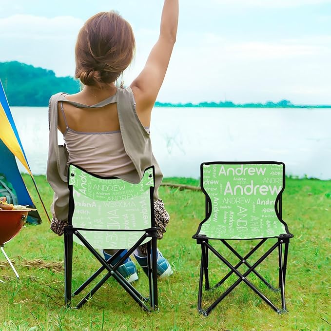 Sinestour Pale Green Custom Folding Camping Chair for Teen Child Personalized Name 14.6×14.6in Portable Outdoor Chair with Carry Bag for Picnic Lawn Travel