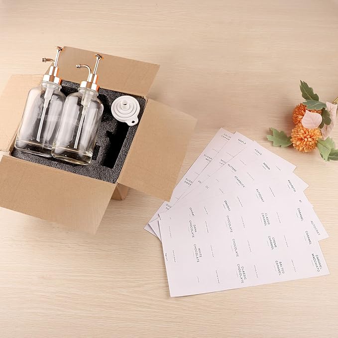 Coffee Bar Accessories - Glass Coffee Syrup Dispenser with 84 Syrup Labels (Set of 2) Fancy Pump Dispenser 16.9 oz Gold