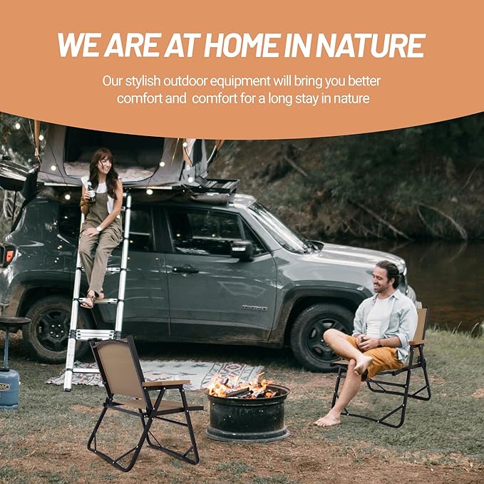 Lightweight Folding Camping Chair Gravel Brown Aluminum Outdoor Beach Chair with Solid Wood Armrest Portable Collapsible Fishing Chair for Hiking Beach Backpacking Lawn Picnic (2)
