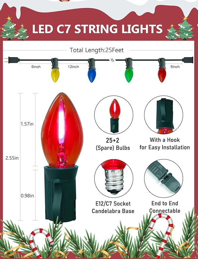 26Ft C7 LED Multicolor Christmas Lights Outdoor Vintage Christmas String Lights with 27 Clear Colored LED Bulbs Hanging Old Fashioned Xmas Decorations for Outside Holiday Party Garden Green Wire