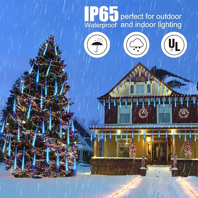 Brightown Meteor Shower Lights Outdoor 16 Inches 20 Tubes 720 LED Icicle Lights Waterproof Meteor Christmas Light Hanging Falling Rain Light for Tree Bushes Holiday Party Christmas Decor Blue