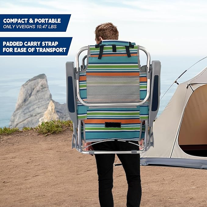 Backpack Beach Chair Aluminum with Folding Camping Table 5-Position Lay Flat Lounge Chair Outdoor for Adults with Insulated Cooler Bag and Cup Holder