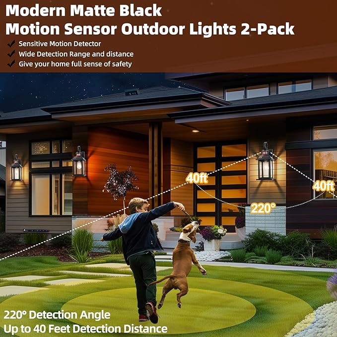 Matte Black Motion Sensor Outdoor Lighting Dusk to Dawn 2-Pack Anti-Rust Aluminum Outdoor Light Wall Mounted House Exterior Light Fixture IP65 Waterproof Outside Wall Lantern Garage 16”