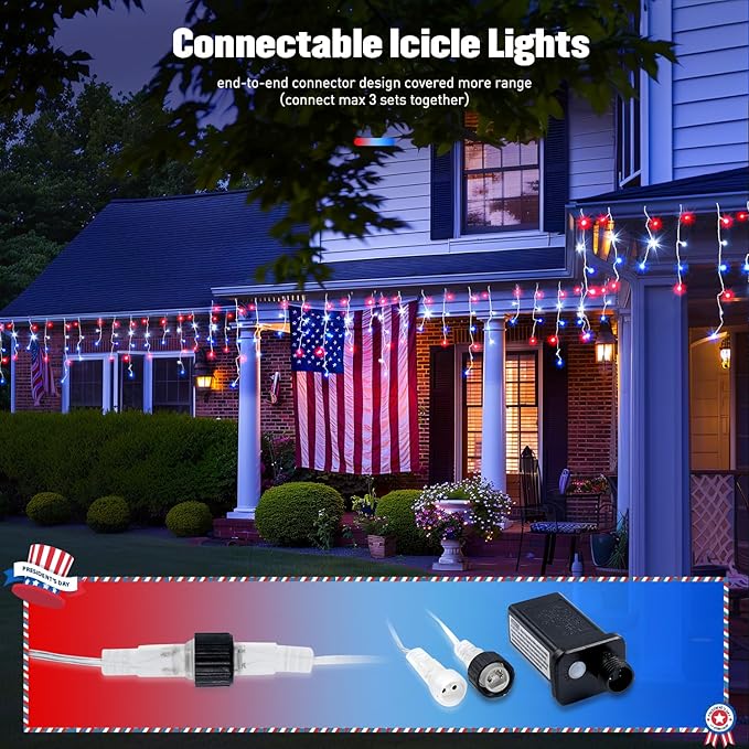 JMEXSUSS Icicle Lights for 4th of July Decor 400 LED Red White and Blue Icicle Lights for Outside 38.8 Ft Independence Day Icicle String Light Indoor Outdoor Holiday American Flag Decor