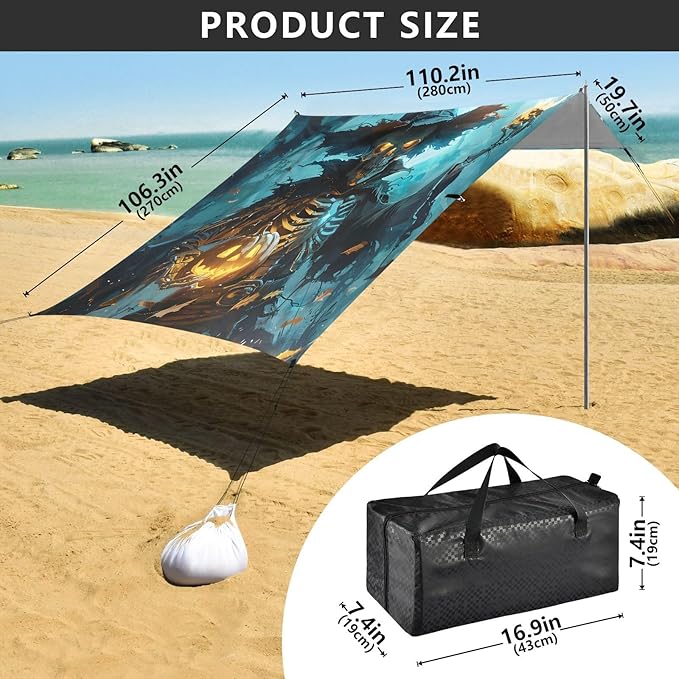 ALAZA Halloween Skull Pumpkin Beach Tent Sun Shelter UPF50+ Protection Beach Shade Canopy w/ 4 Sandbags for Outdoor Camping Fishing Backyard Fun Picnic 10x9 ft