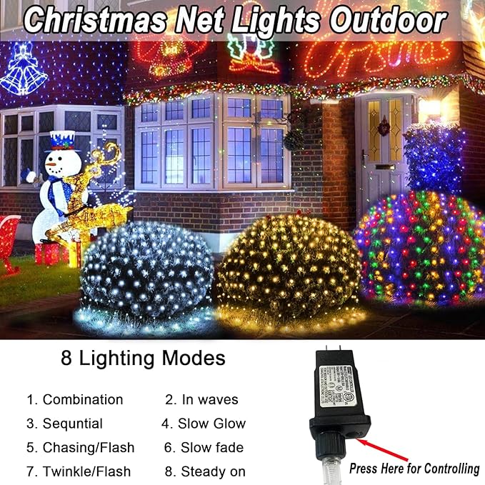 Lovelite 610 LED Christmas Net Lights 34.5ft x 5ft Mesh Lights Outdoor Clear Wire 8 Modes Waterproof Connectable String Lights Plug in for Bushes Xmas Tree Garden Holiday Party Decor - Warm White