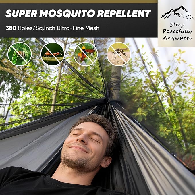 Camping Hammock with Mosquito Net 600 lbs Portable Hammock with Tree Straps2-in-1 Double/Single Travel hammocks Tent for Outside/Indoor/Backpacking/Beach-Black&ampGrey