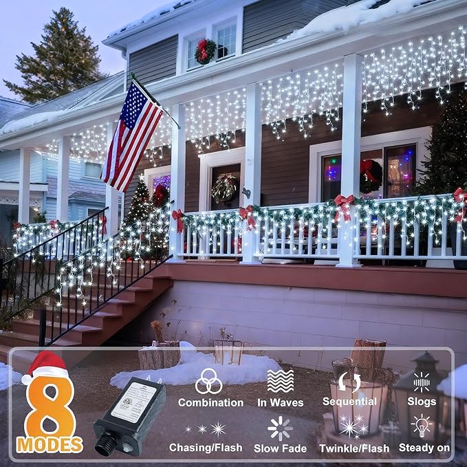 KNONEW 99FT 1216 LED Christmas Lights Outdoor Decorations 8 Modes White Curtain String Light with 228 Drops Clear Wire LED String Light Indoor Decor for Wedding Party Holiday Christmas