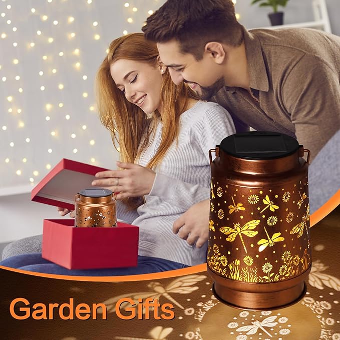 2 Pack Dragonfly Solar Lanterns Outdoor Waterproof Rose Garden Decor Gifts for Women Mom Grandma Hanging Solar Lights Metal Lantern Decoration Outside for YardPatioBackyardPorch