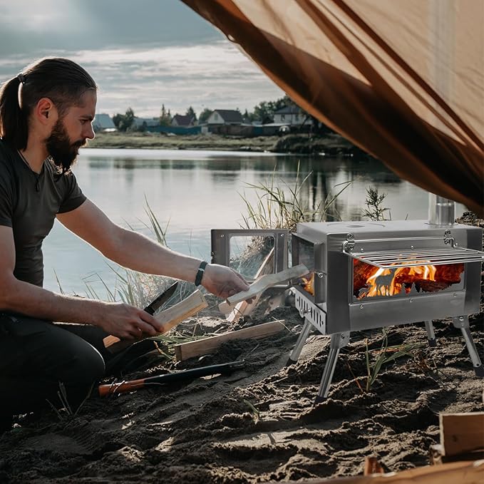 Outdoor Wood Burning Stove Portable with Chimney Pipe for Cooking Camping Tent Hiking Fishing Backpacking