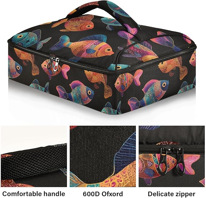 Casserole Carrier Colorful FishInsulated Casserole Carrier for Hot or Cold Food Thermal Lunch Tote for Potluck Parties Picnic Beach Fits 9 x 13 Inches Baking Dish