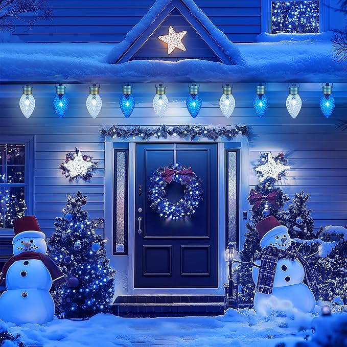 Moonflor Strawberry Jumbo C9 Christmas Pathway Lights Outdoor - 2Pack Total 17FT 10 LED C9 Walkway Light Christma Decoration OutsideChristmas Lights Outdoor for Lawn Yard Holiday Blue &amp Pure Wh