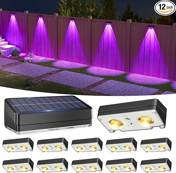 VOLISUN Solar Fence Lights Outdoor 12 Pack 10 Colors ＆ Color Changing Fence Lights Solar Powered Fast Charging IP65 Waterproof LED Solar Lights for Fence Backyard Garden Railing Deck Patio