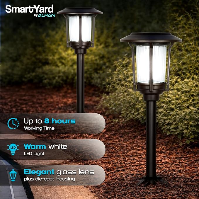 Solar Pathway Lights – Pack of 6 6 Lumens Warm White LED Bronze Finish Durable Die-Cast Aluminum &amp Stainless Steel with Glass Lens Outdoor Garden Lighting LED Solar Pathway Lights