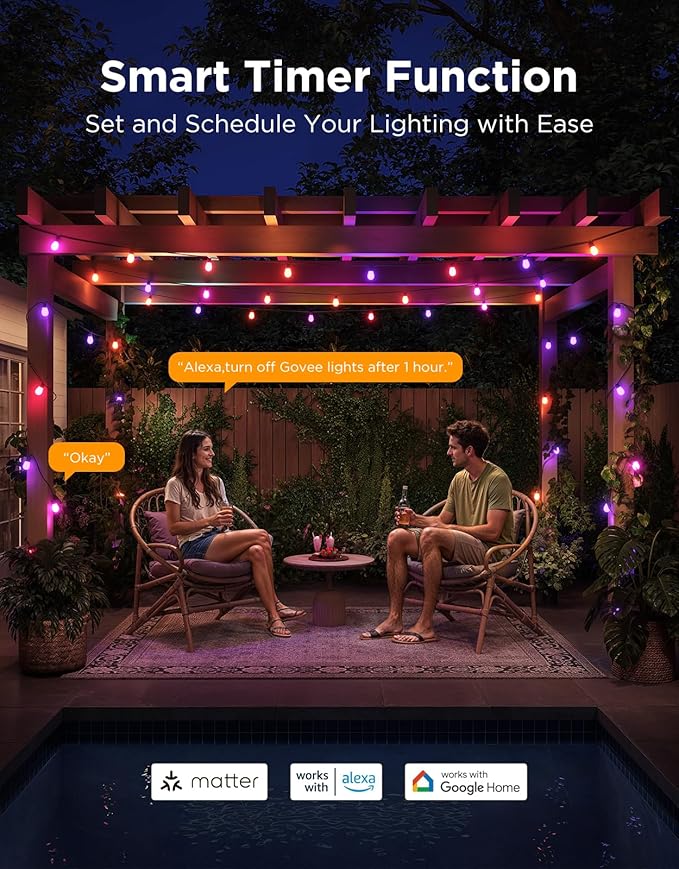 Govee S14 Bulb Outdoor String Lights 2 48ft Smart RGBIC Warm White Patio Lights with 15 LED Bulbs 111 Scene Modes for Outdoor Decor Upgraded IP66 Compatible with Alexa Google Matter APP Control