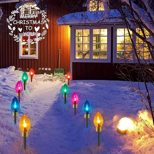 2 Pack Christmas Lights Jumbo C9 Outdoor Lawn Decorations with Pathway Marker Stakes Total 21Ft 10 LED C7 Lights Covered Jumbo Glitter Multicolor Bulb for Holiday Outside Yard Garden Decor