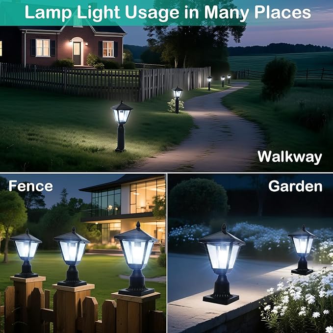 Solar Post Lamp Lights Metal and Glass Built Dusk to Dawn Solar Post Lights with Pier Mount Base 6000K Outside Lights Outdoor Waterproof for Garden Yard Pole Pillar(Cool White)