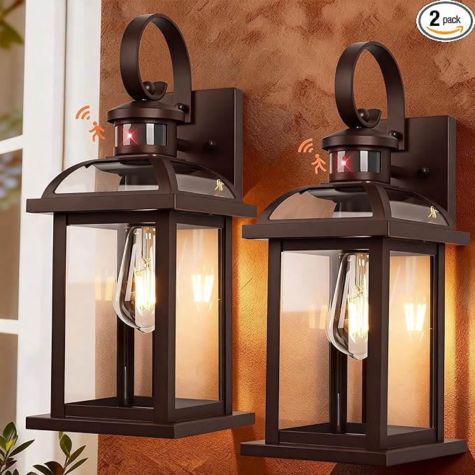 Motion Sensor Outdoor Lights Oil Rubbed Bronze Dusk to Dawn 2-Pack Anti-Rust Exterior Light Fixtures IP65 Waterproof Front Porch Lights Brown Outdoor Sconces Wall Mounted 16 Inch