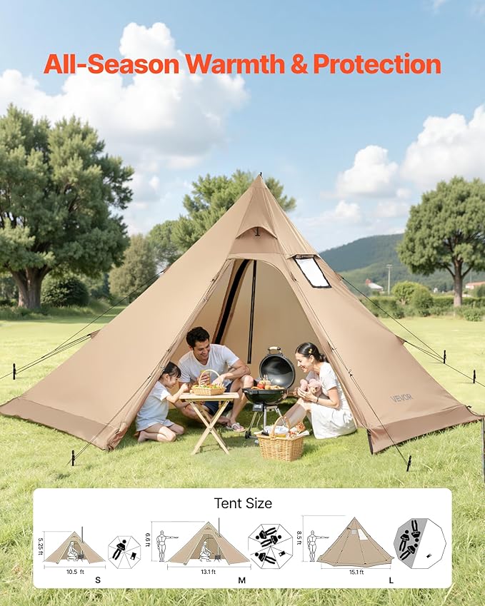VEVOR Hot Tent Camping Tipi Hot Tents with Stove Jack Portable Winter Camping Tents with Snow Skirt Easy Setup Waterproof 4 Season Shelter Tents for Fishing Backpacking
