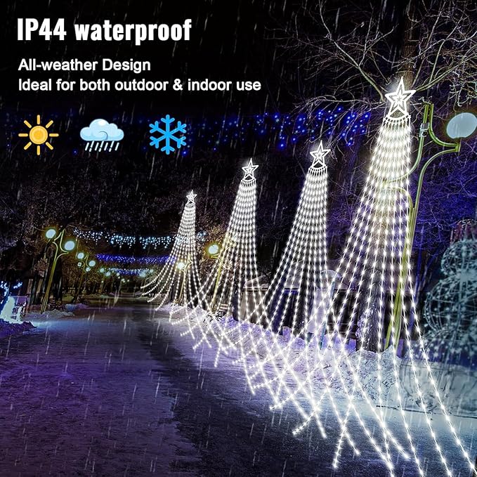 HELESIN Solar Outdoor Christmas Decorations Lights 350LED Christmas Star Tree Light wth Remote Control 8 Modes Waterfall Lights USB Charge for Holiday Xmas Tree Patio Yard Decor Cold White