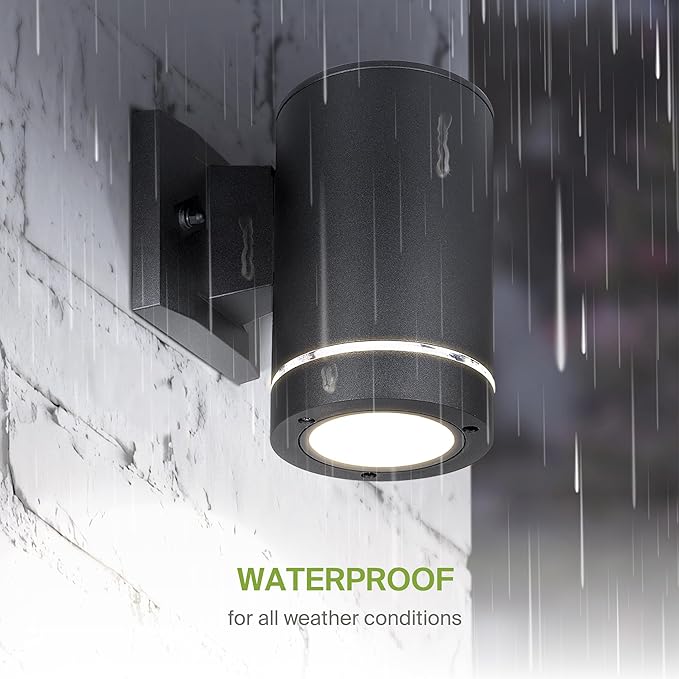 ASD 1 Light Outdoor Wall Light Fixture | 60W E26 Bulb Socket 120V ETL Cylinder Up Down Lights | LED/CFL/Incandescent Bulb Exterior Wall Sconce | Front Door Porch Patio Lighting | Ringed Black 2 Pack