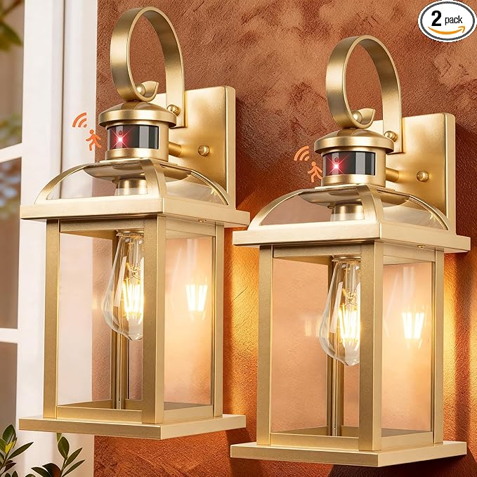 Gold Motion Sensor Outdoor Light Fixtures Dusk to Dawn 2-Pack 16 Inch Brass Outdoor Wall Sconces Photocell Outside Lights for House Front Porch Lights Carriage Coach Lights Courtyard