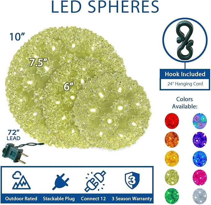 Novelty Lights LED 7.5in 100 Light Twinkling Starlight Sphere Warm White Large Ornament Ball Light 5ft Hanging Cord with S Hook 12ft Power Cord with Stackable Plug Commercial Grade