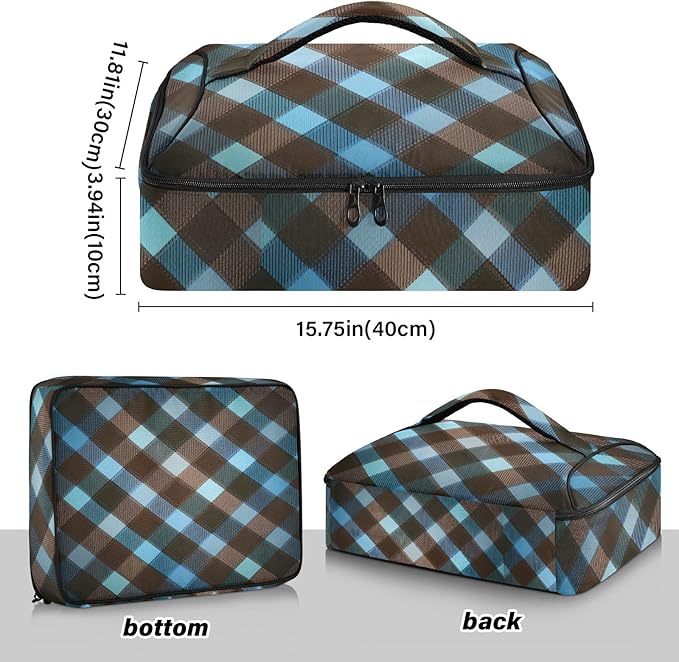 Casserole Carrier Blue and Brown Tartan Pattern Print Insulated Casserole Carrier for Hot or Cold Food Thermal Lunch Tote for Parties Picnic Travel Carry Bag