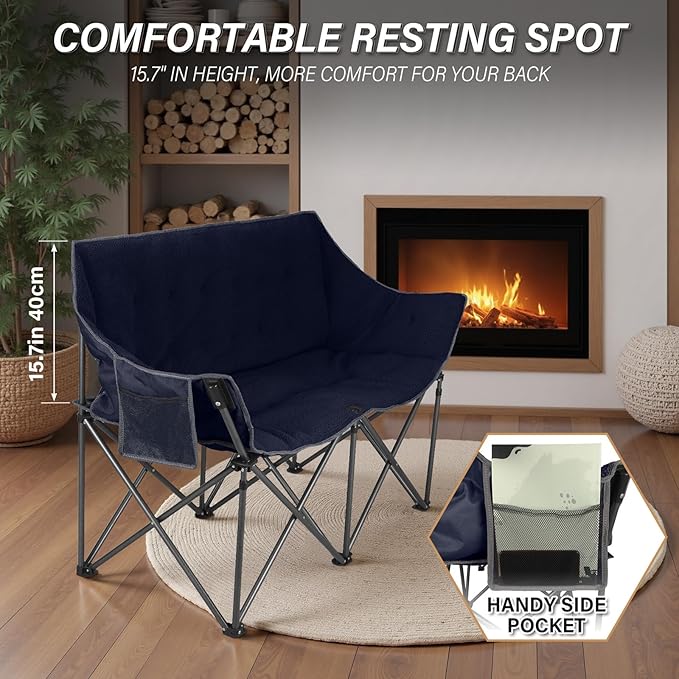 Double Camping Chairs-Padded Loveseat Camp Couch for 2 PersonHeavy Duty Sofa Folding Lawn Chair with Cushion for BackyardSportsPatio and Home UseDeep Blue