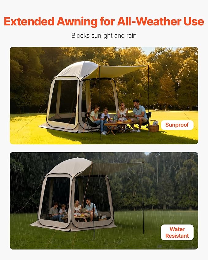 Pop Up Screen House Tent VEVOR 10 x 9.2 FT Pop-Up Screen Room with Awning Portable Screen Tent Gazebo for 4–8 Person Instant Screen Canopy with Carry Bag for Patio Backyard Camping