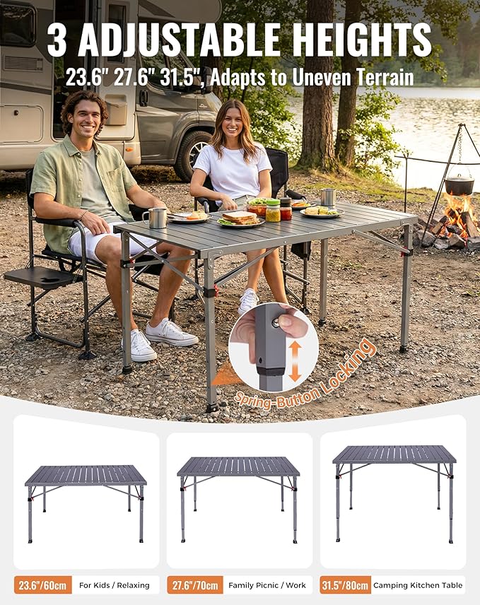 KingCamp Folding Camping Table Foldable Loads 265 Lbs 42.1× 27.6 Portable Table 3 Adjustable Height Aluminum Roll Up Camp Table with Carry Bag for Camping Picnic BBQ Backyard Indoor &amp Outdoor