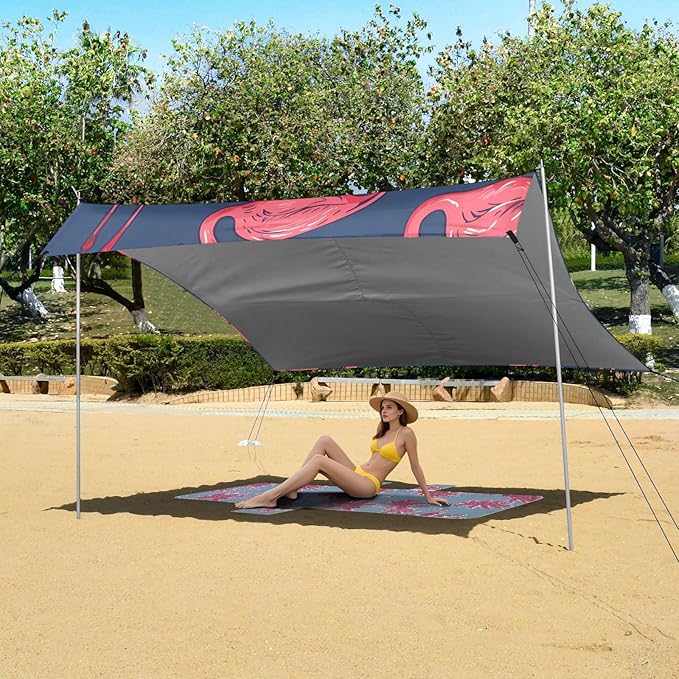 Flamingo Cute Cartoon Camping Sun Shelter Beach Tent Portable Beach Sun Shade Outdoor Canopy for Camping Trips Fishing Picnic