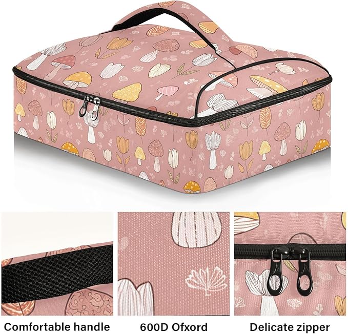 Casserole Carrier Cute Mushrooms and Tulips PrintInsulated Casserole Carrier for Hot or Cold Food Thermal Lunch Tote for Potluck Parties Picnic Beach Fits 9 x 13 Inches Baking Dish