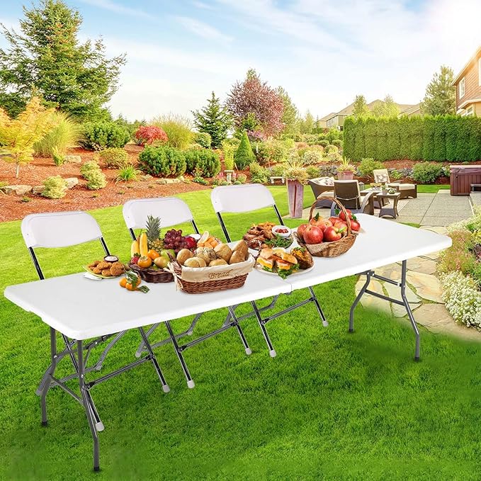 NChanmar 8FT Folding Table Picnic Camping Table Foldable Outdoor Table for Picnic Party Camping(94.5 * 29)-White